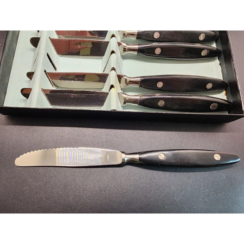 6-Pc MCM CI Stainless Japan Black Composite Handle Dinner Knife Set NOS IN BOX